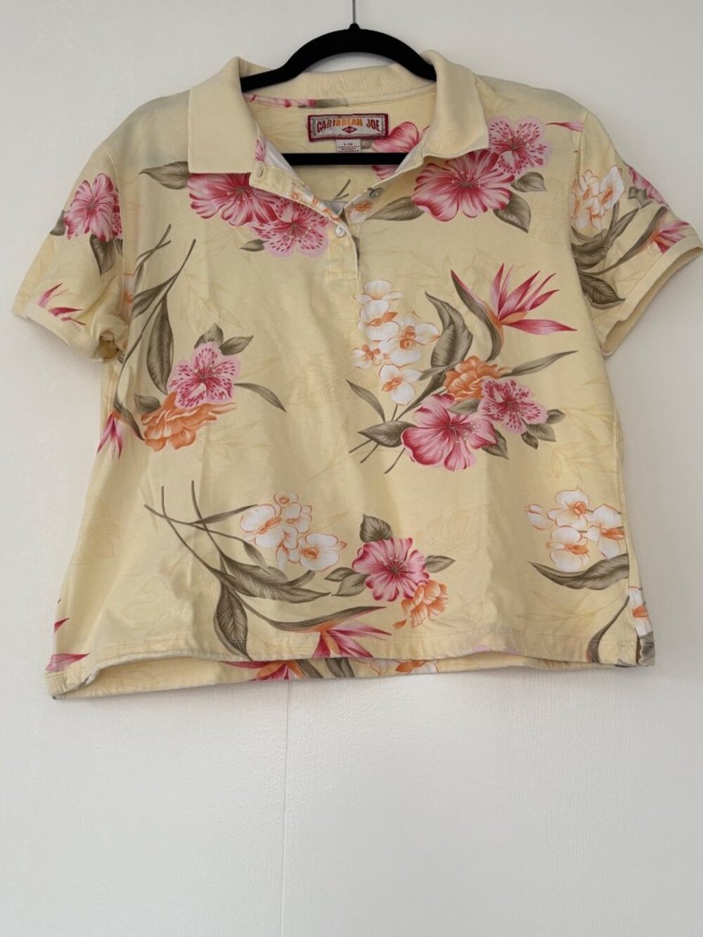 Vintage Caribbean Joe Tropical Floral Polo Shirt Y2K Hawaiian Top Sz L